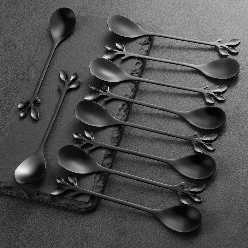 AnSaw Elegant Black Leaf Coffee Spoons - 10-Piece, 4.7" Mini Stainless Steel Espresso & Dessert Tea Spoons, Perfect for Demitasse & Small Servings