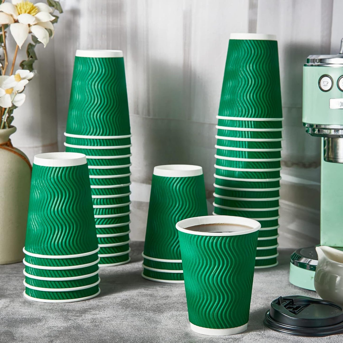 100 Count 12 OZ Coffee Cups with Lids, Insulated Ripple Wall Paper Hot Coffee Paper Cups for Hot Drinks
