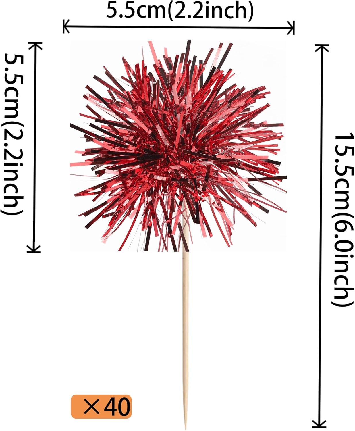 40 PCS Foil Firework Cupcake Toppers Sparkle Tinsel Cupcakae Picks Sparkler Fireworks Party Decorations Cocktail Fruit Toothpick for Birthday Wedding Graduation Party Decorations Supplies Red