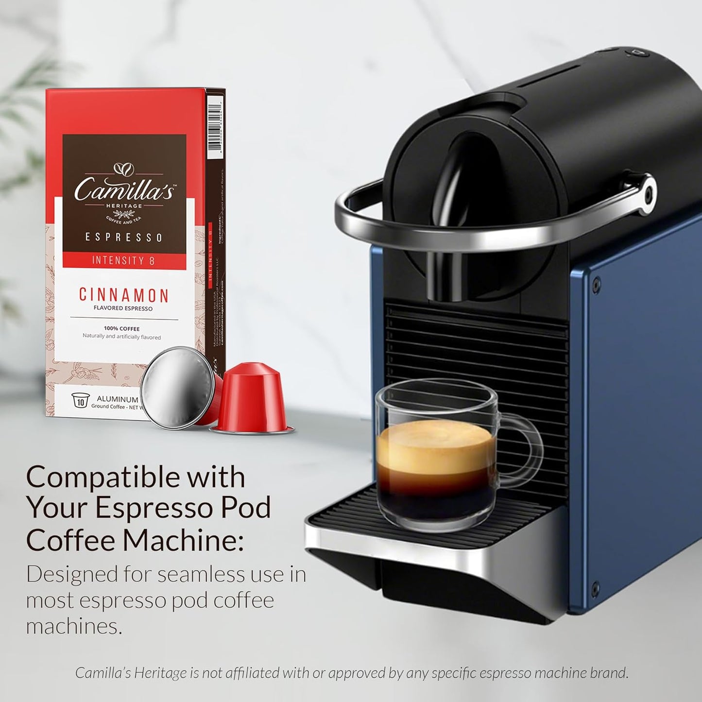 Camilla’s Heritage - Intensity 8 Cinnamon Flavored Espresso Coffee, Gourmet Espresso Cups, 60 Coffee Pods