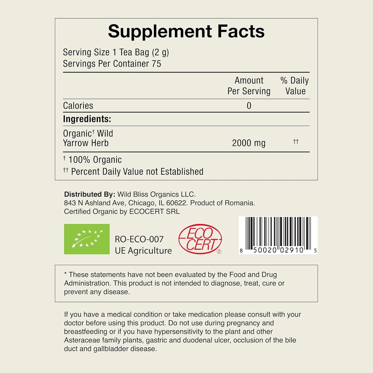 Organic Wild Yarrow Flower Herbal Tea - Caffeine Free - Pharmacopoeia Potency - 75 Plant Based Tea Bags