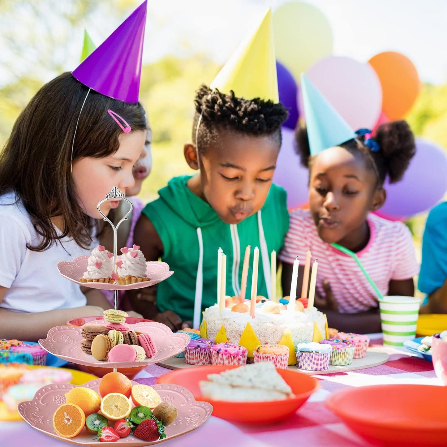 Cupcake Stand,2 Set of 3-Tier Dessert Plates Mini Cakes Fruit Candy Display Tower Cookie Tray Rack Candy Buffet Holder Plastic Cake Stand for Wedding Home Holiday Birthday Christmas Party Decor (Pink)