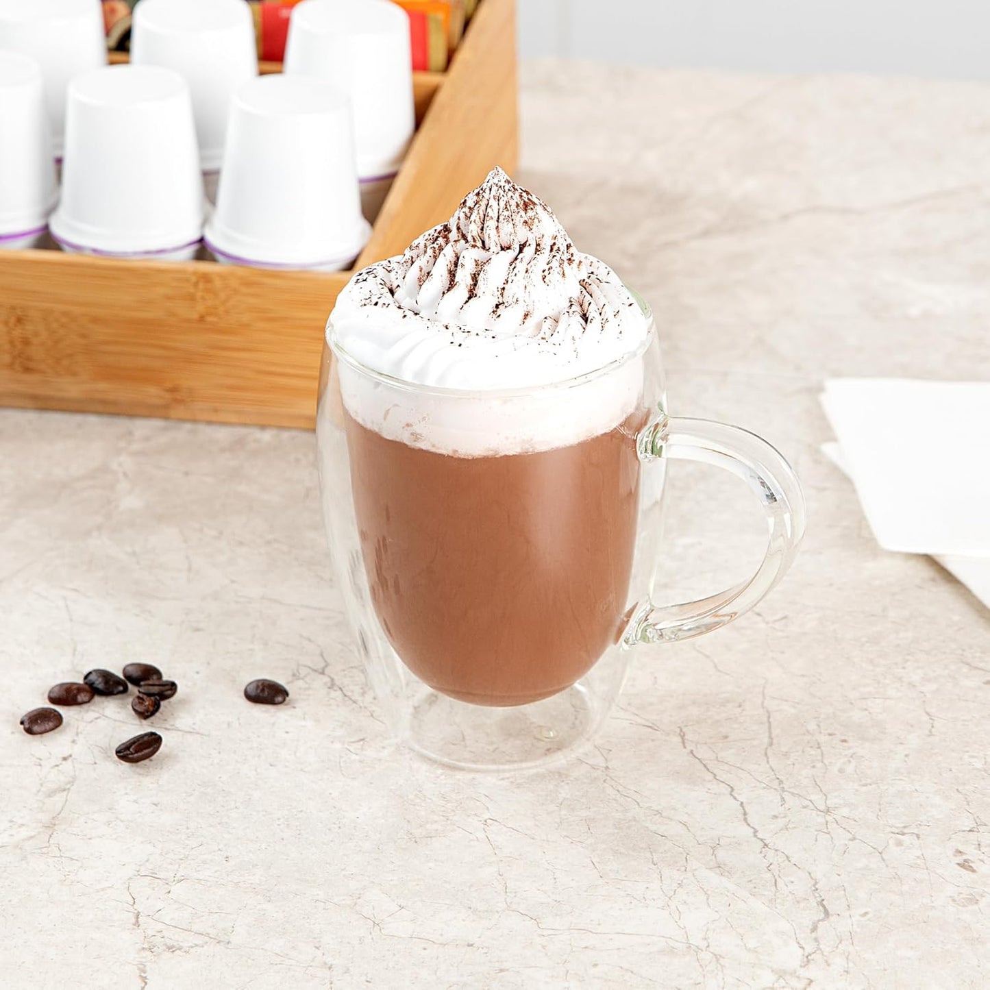 Restaurantware-Forma Professional 11.8 Ounce Glass Coffee Cups, 2 Insulated Coffee Cups With Handle - Dishwashable, Reusable, Clear Double Wall Beverage Tumblers, Freezable, For Hot Or Cold Beverages