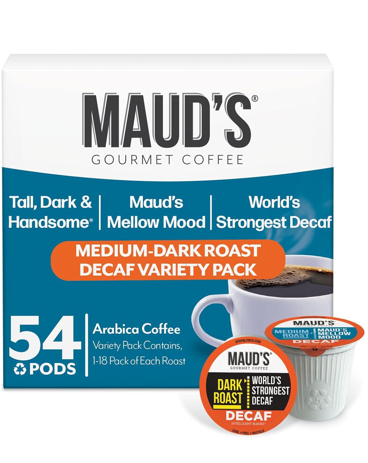 Maud's Decaf Dark Roast and Decaf Medium Roast Coffee Pods Bundle, 54 ct, Decaffeinated Coffee in Recyclable Single Serve Pods – 100% Arabica Coffee, Compatible with Keurig K Cups Maker