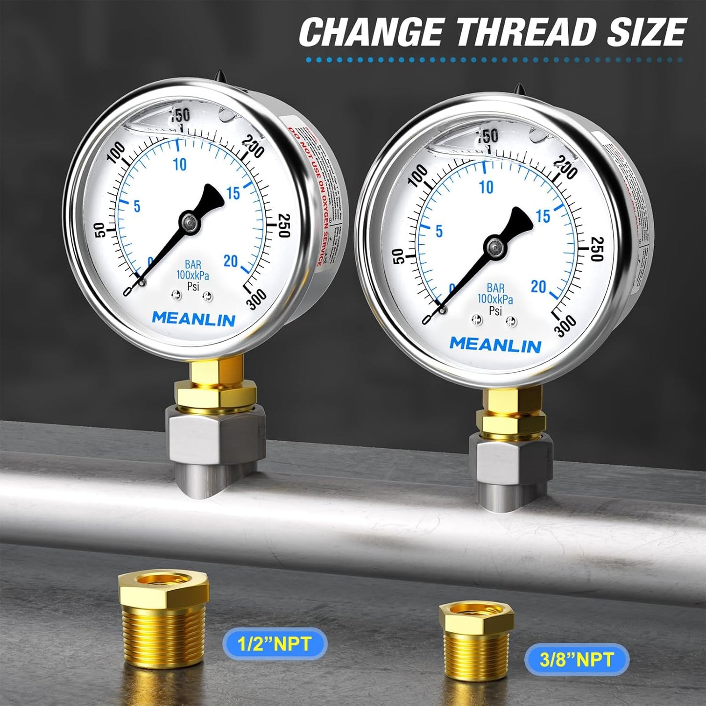 MEANLIN MEASURE 0~300Psi Stainless Steel 1/4" NPT 2.5" FACE DIAL Liquid Filled Pressure Gauge WOG Water Oil Air Lower Mount, with 1/2" NPT and 3/8" NPT Hex Bushing