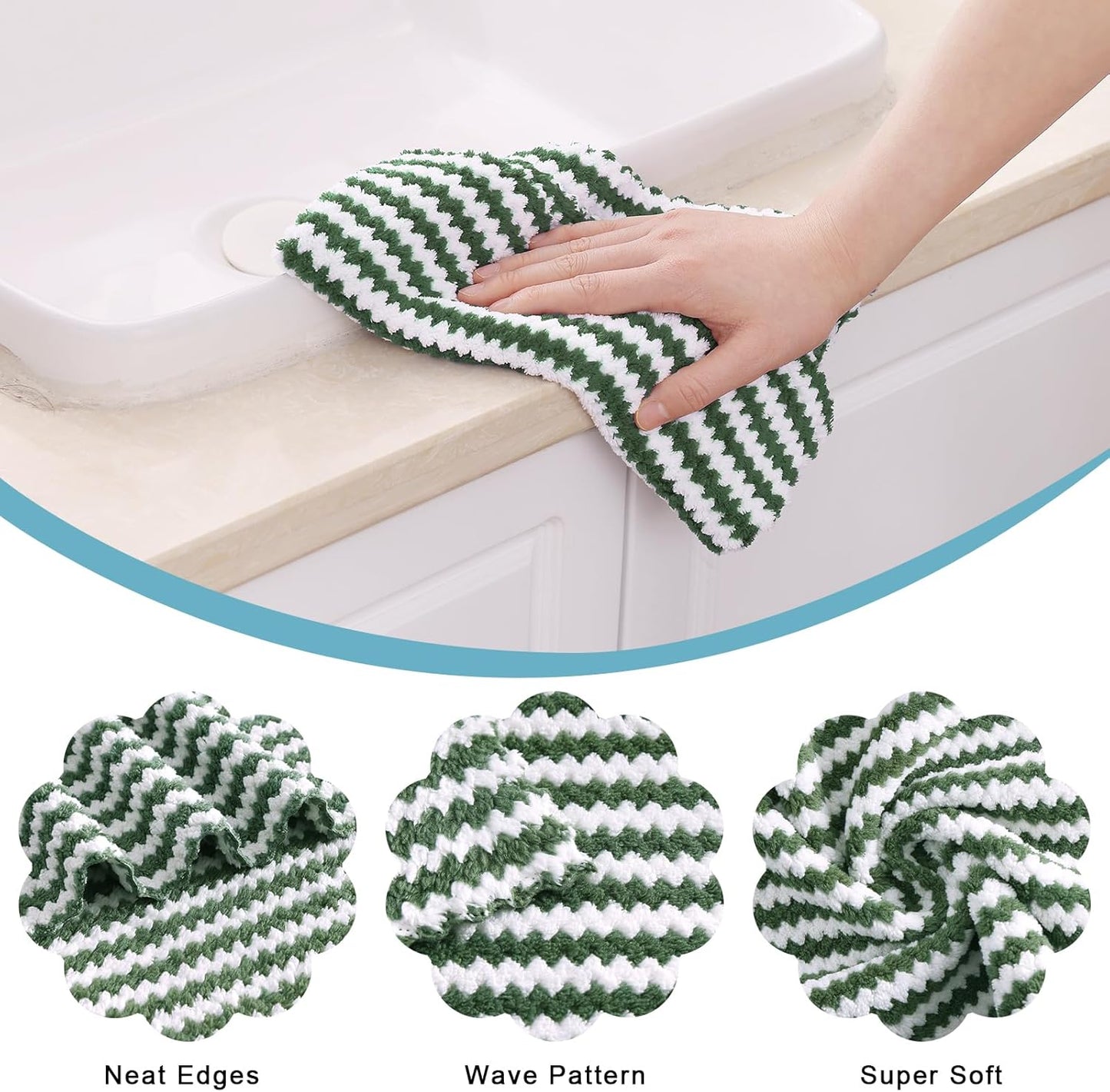 Homaxy Kitchen Towels(12 Pack, 10 x 20 inches), Ultra Soft and Absorbent Dish Towels, Reusable Fast Drying Microfiber Cleaning Cloth, Coral Velvet Wave Design No-lint, Grass Green