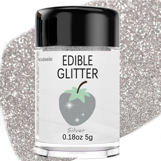Silver Edible Glitter Glimmer Powder for Cakes Drinks - Colaele 5 grams Food Grade Luster Dust Metallic Food Decorating Sprinkle Disco Brew Dust for Cake Decorations Wine Beverage Candy Dessert, Vegan