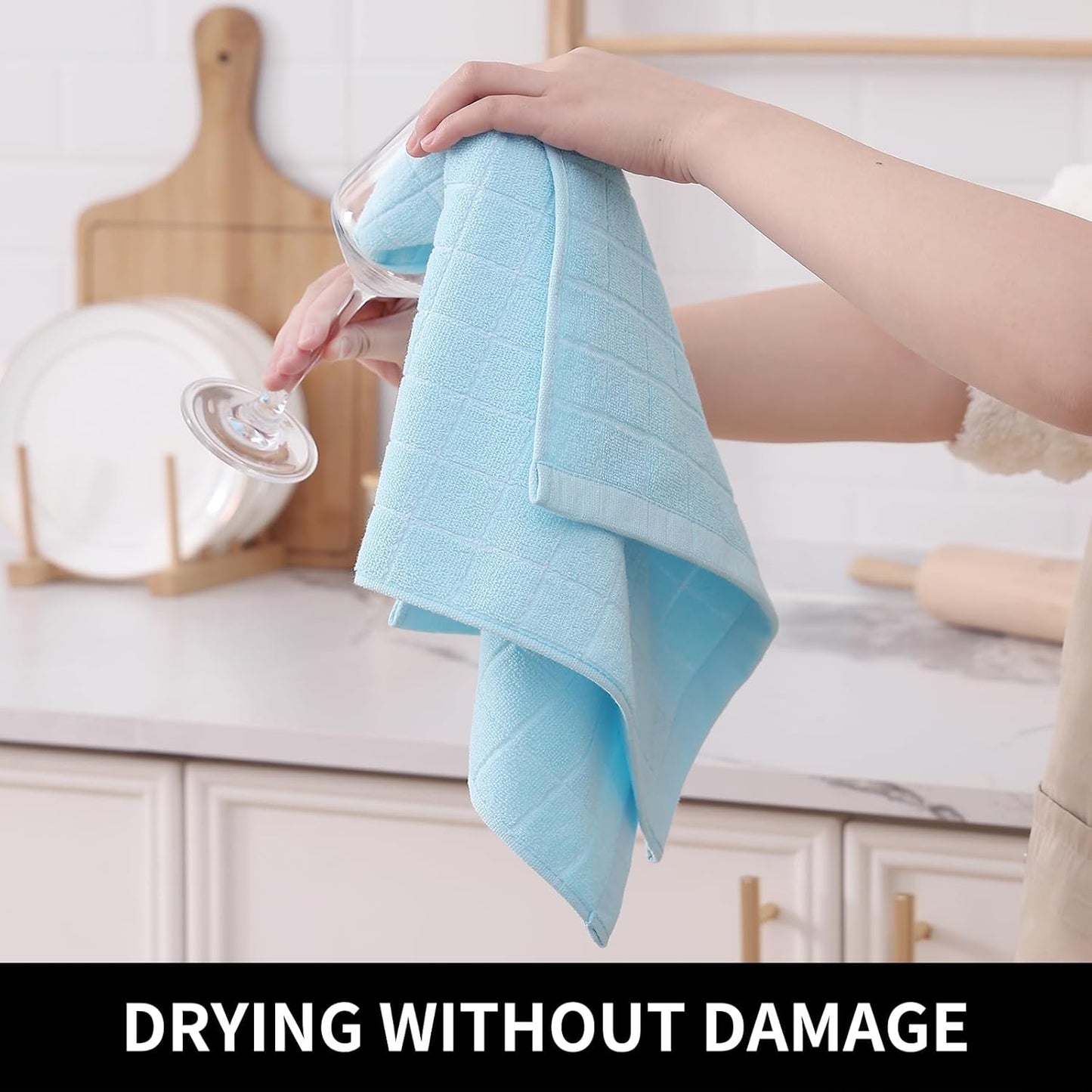 Homaxy 100% Cotton Terry Kitchen Towels(Sky Blue, 13 x 28 inches), Checkered Designed, Soft and Super Absorbent Dish Towels, 8 Pack