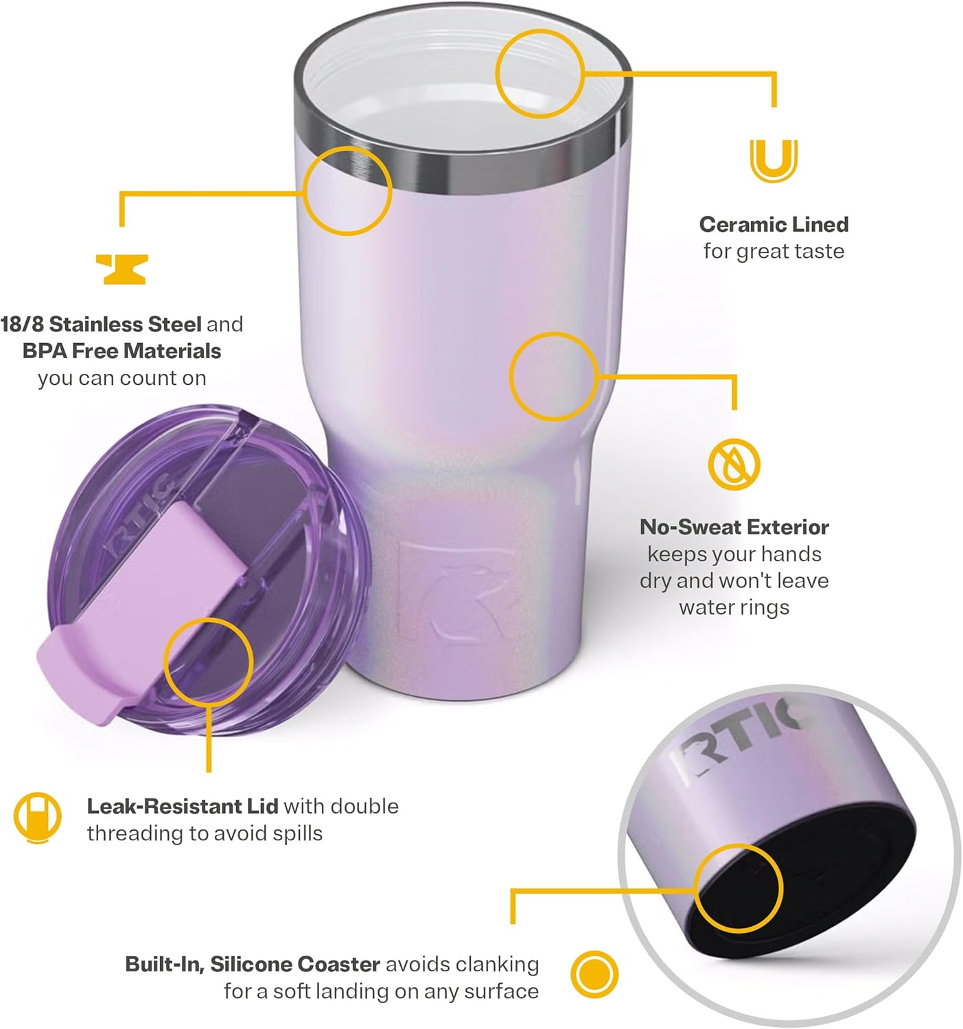 RTIC 20oz Essential Tumbler with Lid, Insulated, Stainless Steel, Metal, Double Wall Vacuum-Insulation, Ceramic Lined, Travel Cup for Iced Coffee, Tea, Hot and Cold Drink, Lavender Glitter