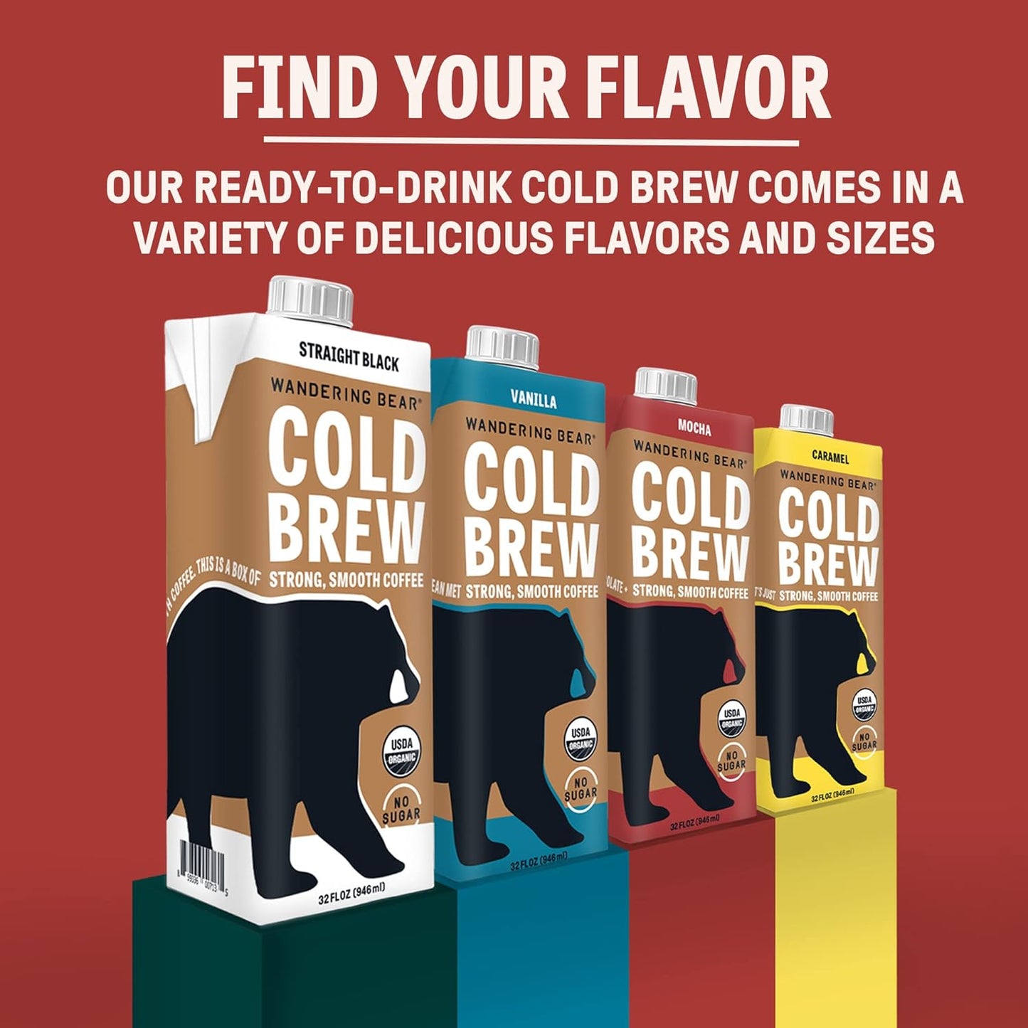 Wandering Bear Organic Mocha Cold Brew Coffee, 32 fl oz, 3 pack - Extra Strong, Bold, Smooth, Unsweetened, Shelf-Stable, Ready to Drink, Gluten Free, & Vegan, Iced Cold Brewed Coffee Drinks
