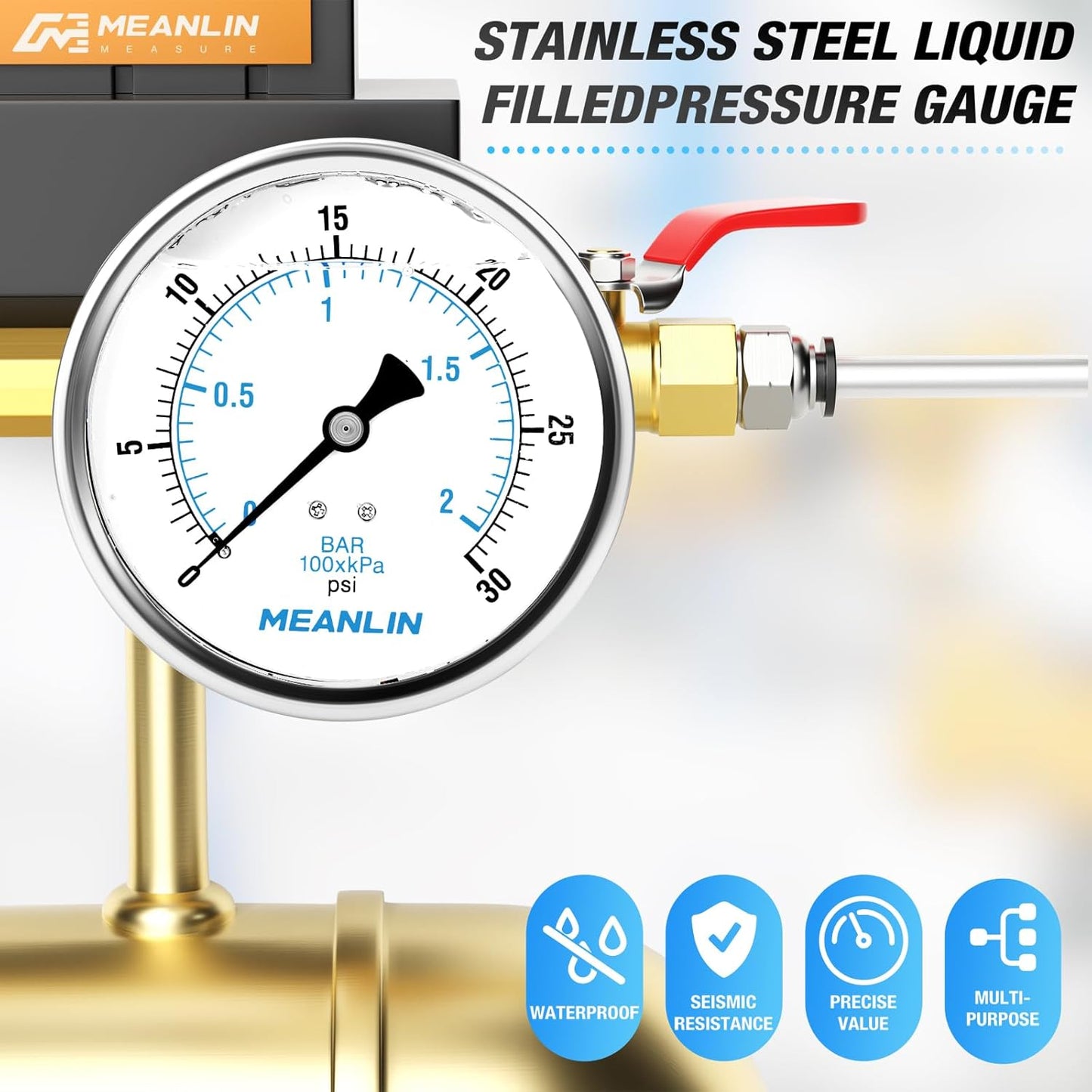 MEANLIN MEASURE 0~30Psi Stainless Steel 1/4" NPT 4" FACE DIAL Liquid Filled Pressure Gauge WOG Water Oil Air Back Mount, with 1/4" x 1/2" NPT and 1/4" x 3/8" NPT Hex Bushing