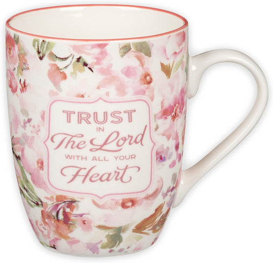 Christian Art Gifts Encouraging Ceramic Coffee & Tea Bible Verse Mug for Women: Trust in the Lord Inspirational Scripture Proverb, Microwave & Dishwasher Safe, White & Pink Watercolor Floral, 12 oz.