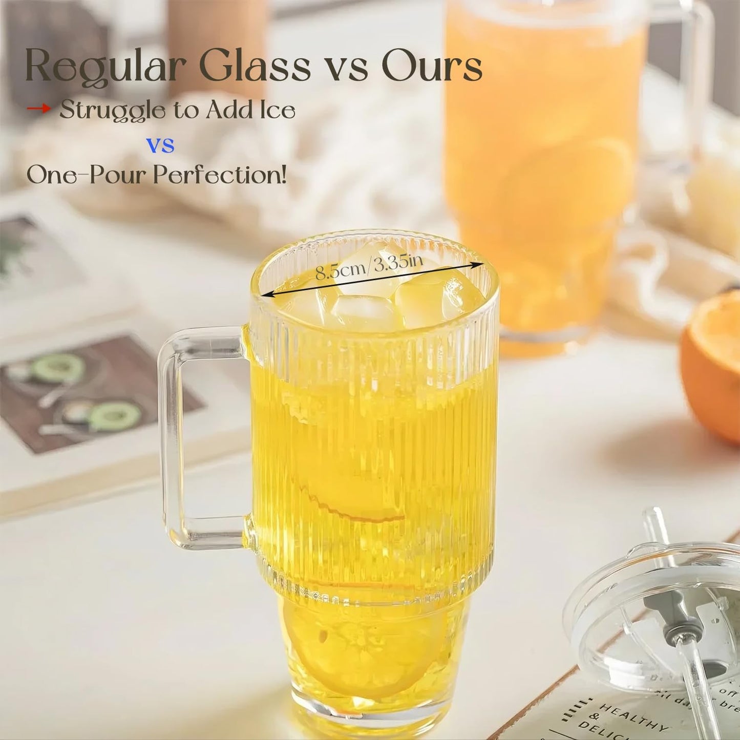 KEMORELA 6-Pack 24oz Glass Cups with Lids and Straws, Ribbed Textured Tumblers with Handle, Reusable Clear Drinking Glasses for Iced Coffee, Bubble Tea, Dishwasher Safe, Drinkware Set