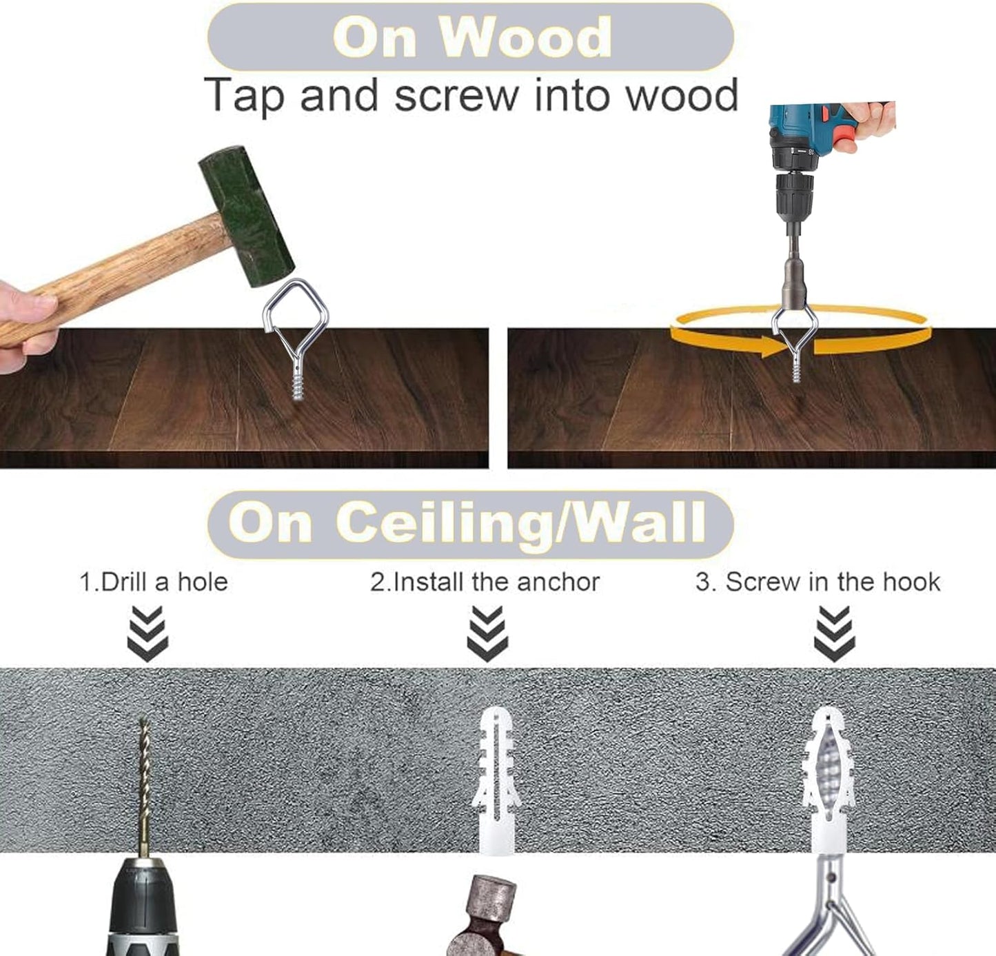 10 PCS Eye Screw Hooks for Hanging Heavy Duty with Safety Buckle.Metal Ceiling Hooks for Hanging Plants,Cup,Wind Chime,Bird Feeders,christmas String Lights at Indoor&Outdoor,2.36 Inch(No Drill Bit)