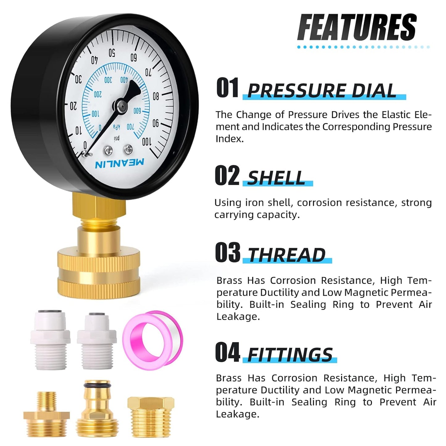 MEANLIN MEASURE 0~100Psi 3/4" Female Water Pressure kit Plus 5 adapters, 2.5" FACE DIAL Multi-Purpose Pressure Gauge kit, Hydraulic Tester,Suitable for Gardens, Water Pipes, etc