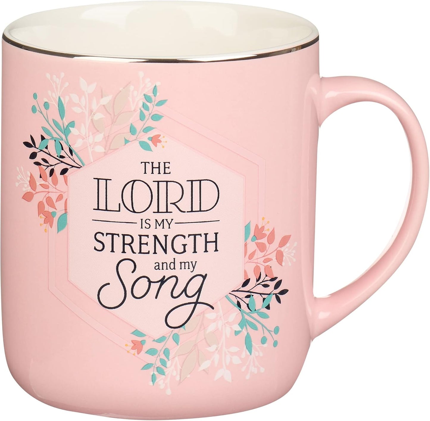 Christian Art Gifts Large, 14 oz Ceramic Scripture Coffee & Tea Mug for Women: The Lord is My Strength - Psalm 118:14 Inspirational Bible Verse, Lead-free Drinkware w/Silver Rim, Pink Floral