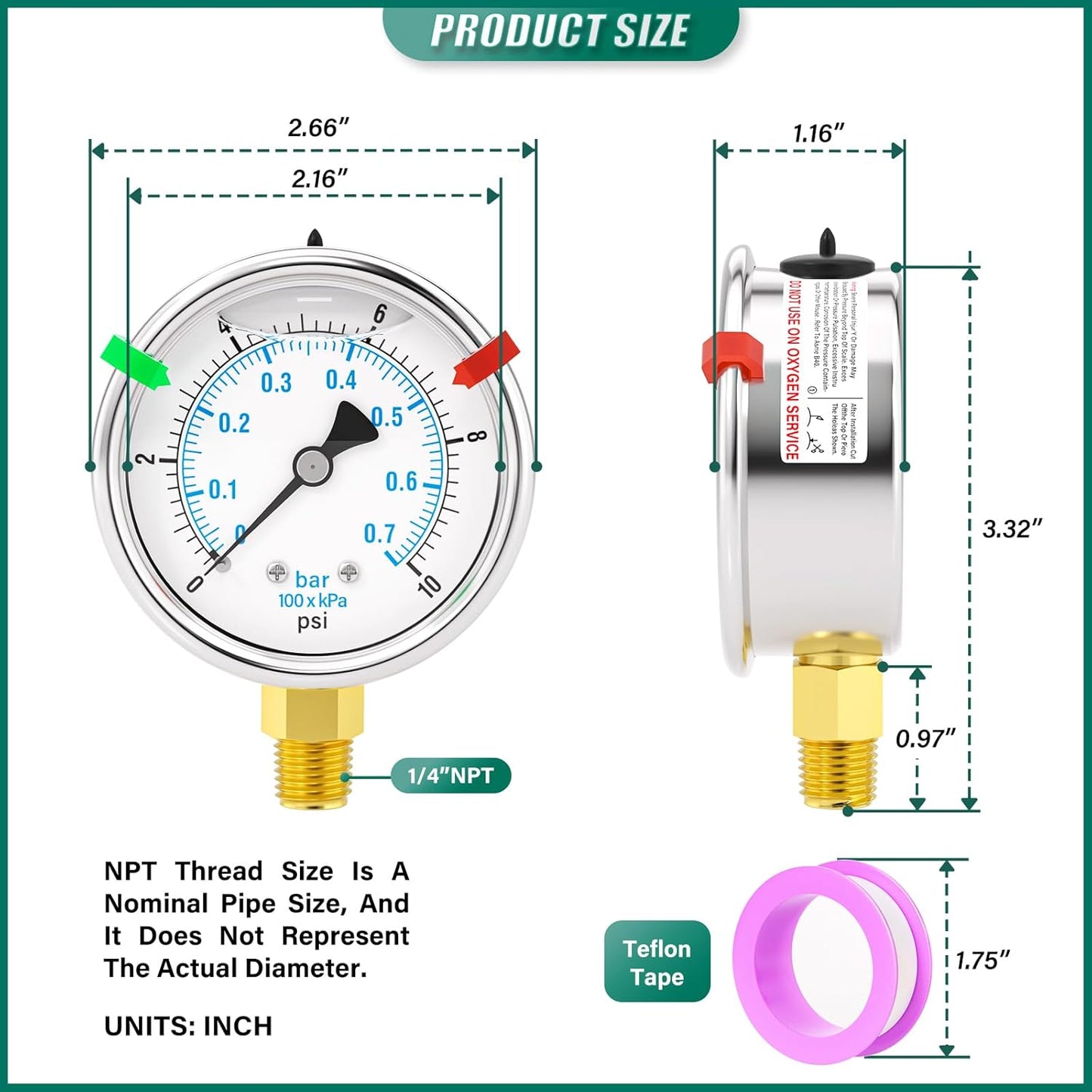 0-10PSI Stainless Steel Liquid Filled Pressure Gauge, 2.5" Dial Size, 1/4" NPT Lower Mount, for Tube, Water Pump, Gas, Liquid, Pressure Test (with Range Mark Pointer)