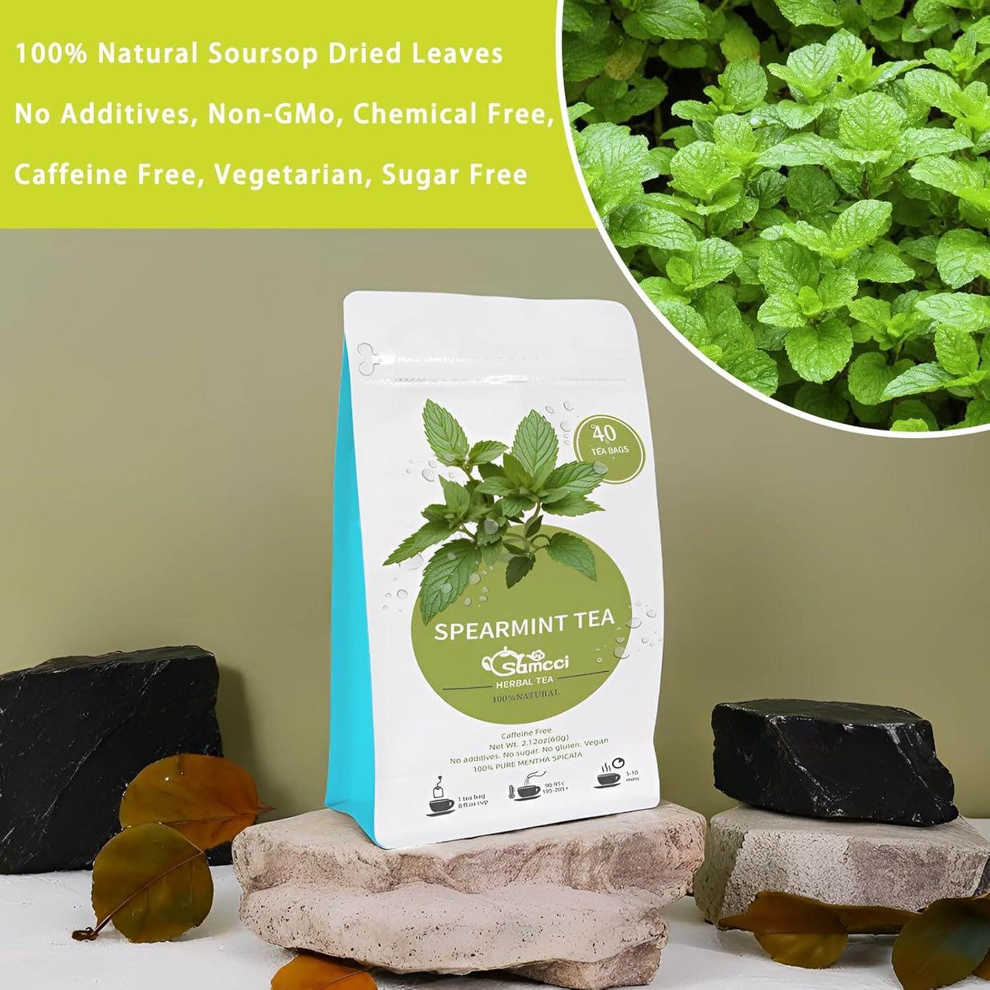 Samcci - Spearmint Tea Bags, 40 Teabags, 1.5g/bag - Pure Spearmint Leaves - Non-GMO - Caffeine-free Herbal Tea - Hormone Balance & Support Digestion & Natural Breath Freshener