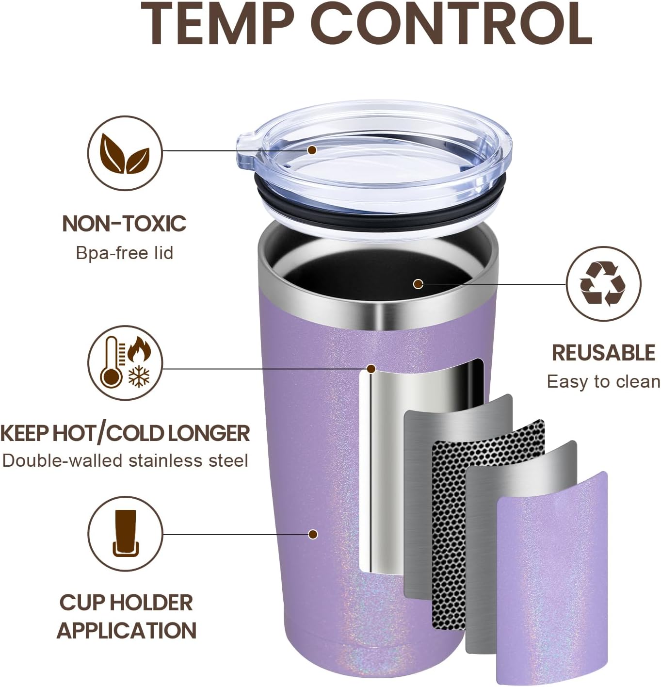 MEWAY 20oz Tumbler Double Wall Vacuum Insulated Travel Glitter Mug,Stainless Steel Tumblers with Lid and Straw, Powder Coated Coffee Cups for Woman (Rainbow Purple,1)