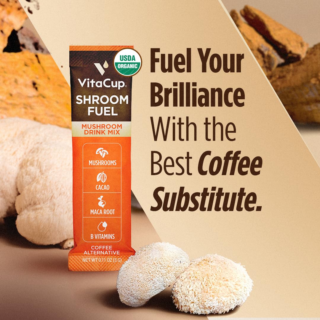 VitaCup Shroom Fuel, Mushroom Based Instant Coffee Alternative Packets, Mushroom Coffee Substitute w/Cacao, Cinnamon, Chaga, Lions Mane, & Maca for Energy, Immune Support, & Focus, 72 ct