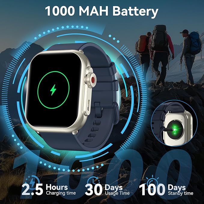 Smart Watch for Men Women, 1.85" HD Fitness Tracker with Call Function, 1000 mAh 100 Day Battery Life, 110+ Sport Modes, Heart Rate Sleep Monitor Fitness Watch, IP68 Waterproof, iOS Android Compatible