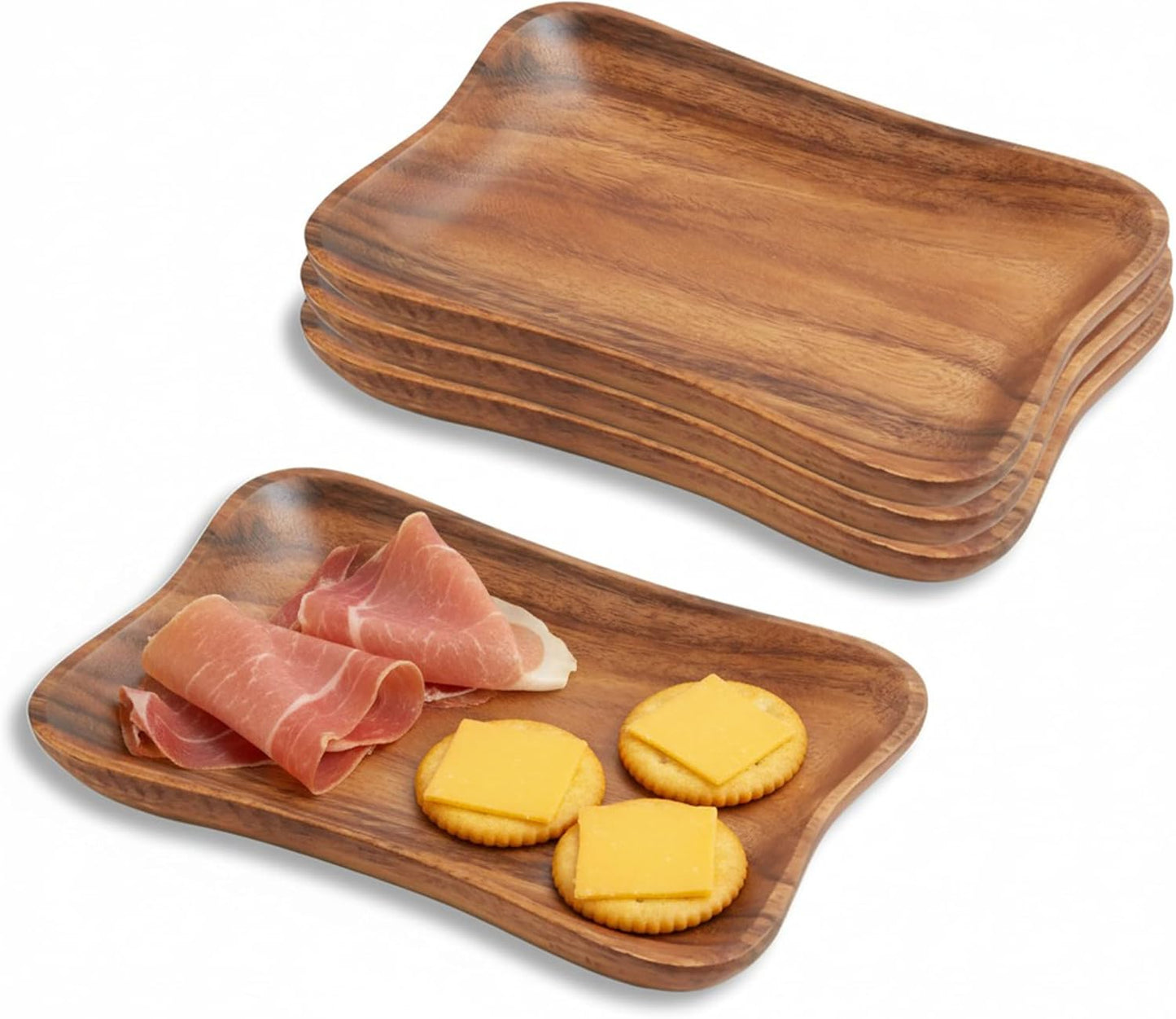 Woodard & Charles Set of 4 Acacia Wood Pinched Tray for Charcutreie, Sushi, Dessert, Sandwiches and More, 9.5" x 6" x 0.75"