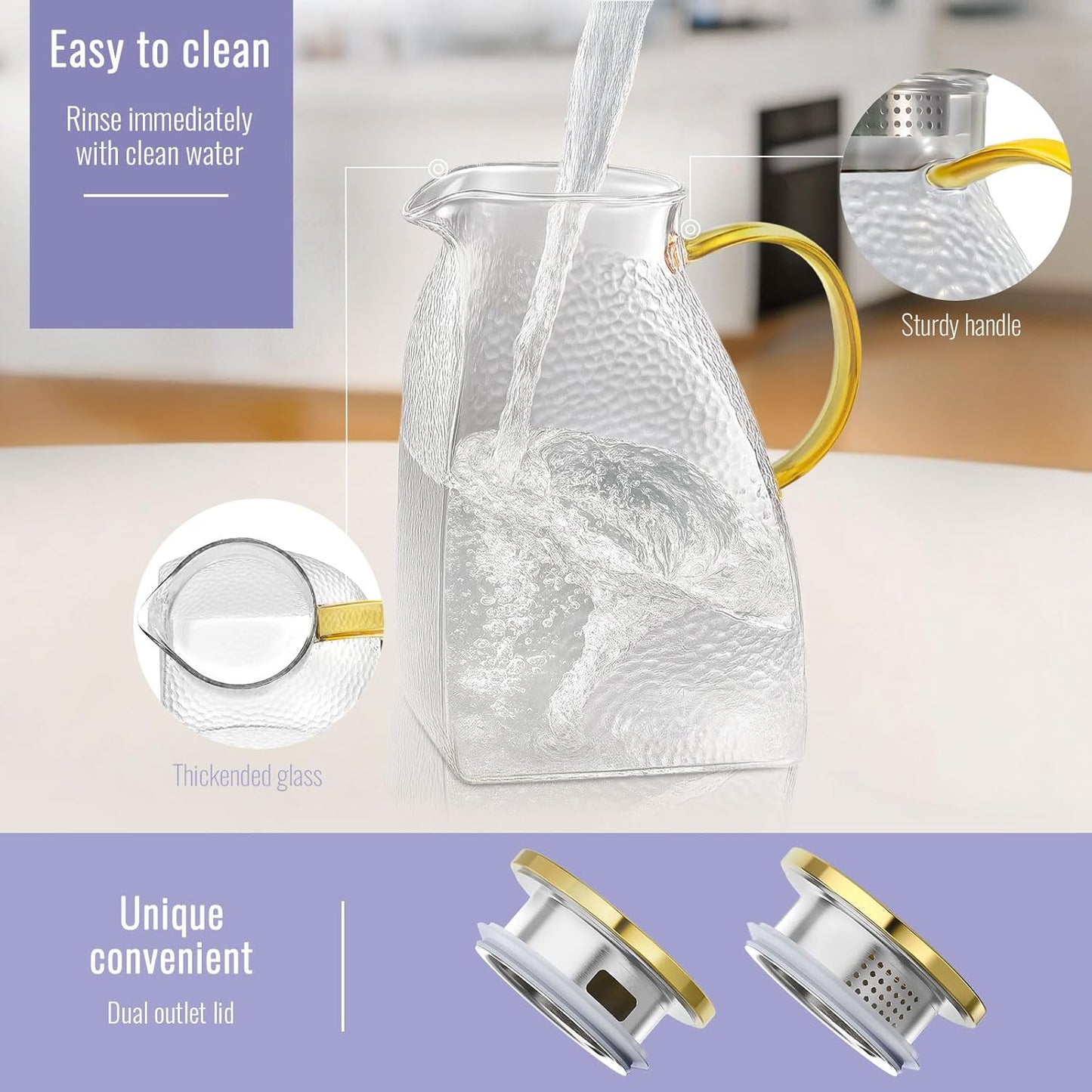 Glass Pitcher With Lid, 2 Liters Glass Pitchers With Handle And Lid, 68 oz Water Pitcher For Fridge, Tea Jug Carafe Jar For Hot/Cold Water Iced Juice Coffee Milk Fruit