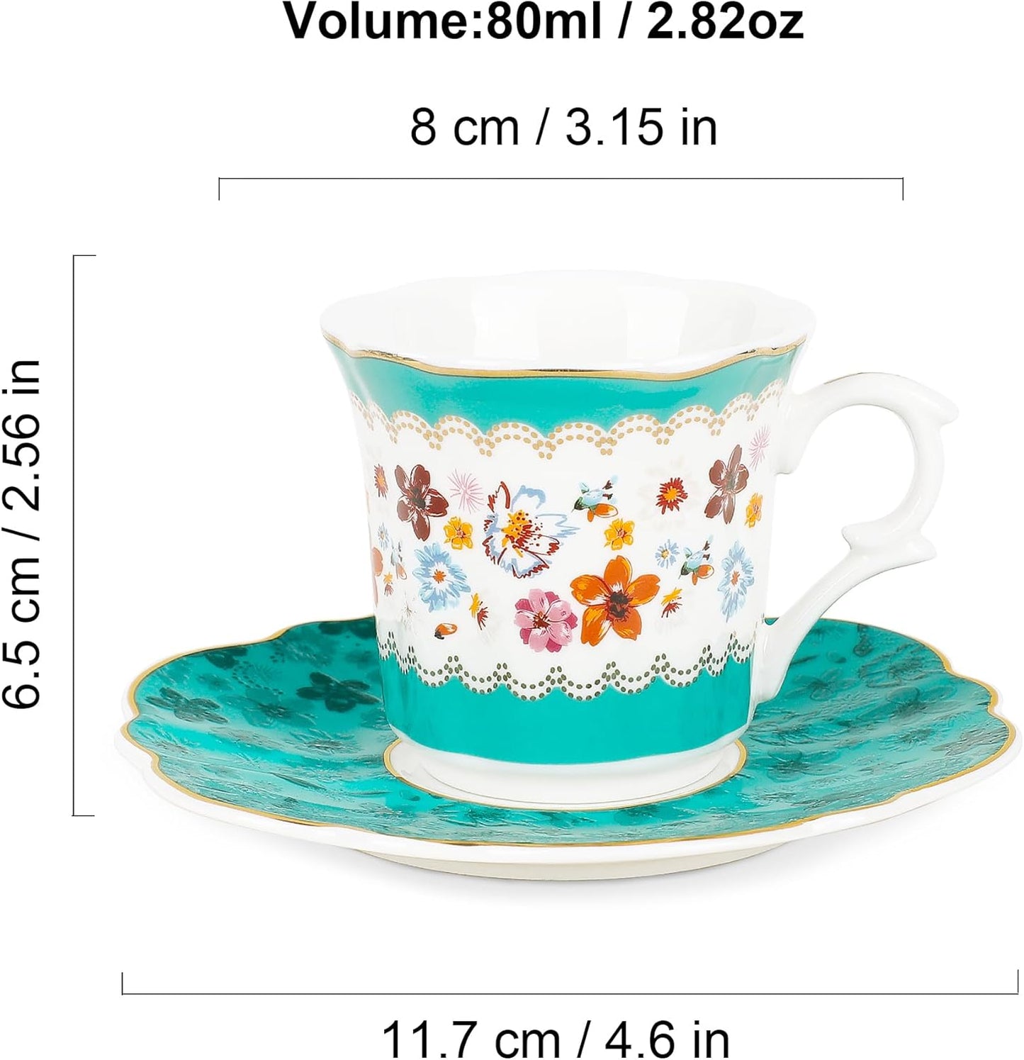 fanquare 2.5 Ounce Vintage Espresso Cups Set of 6, 12 Pieces Ceramic Demitasse Cup and Saucers, Green and Flower Pattern Espresso Mugs for Coffee Bar Home