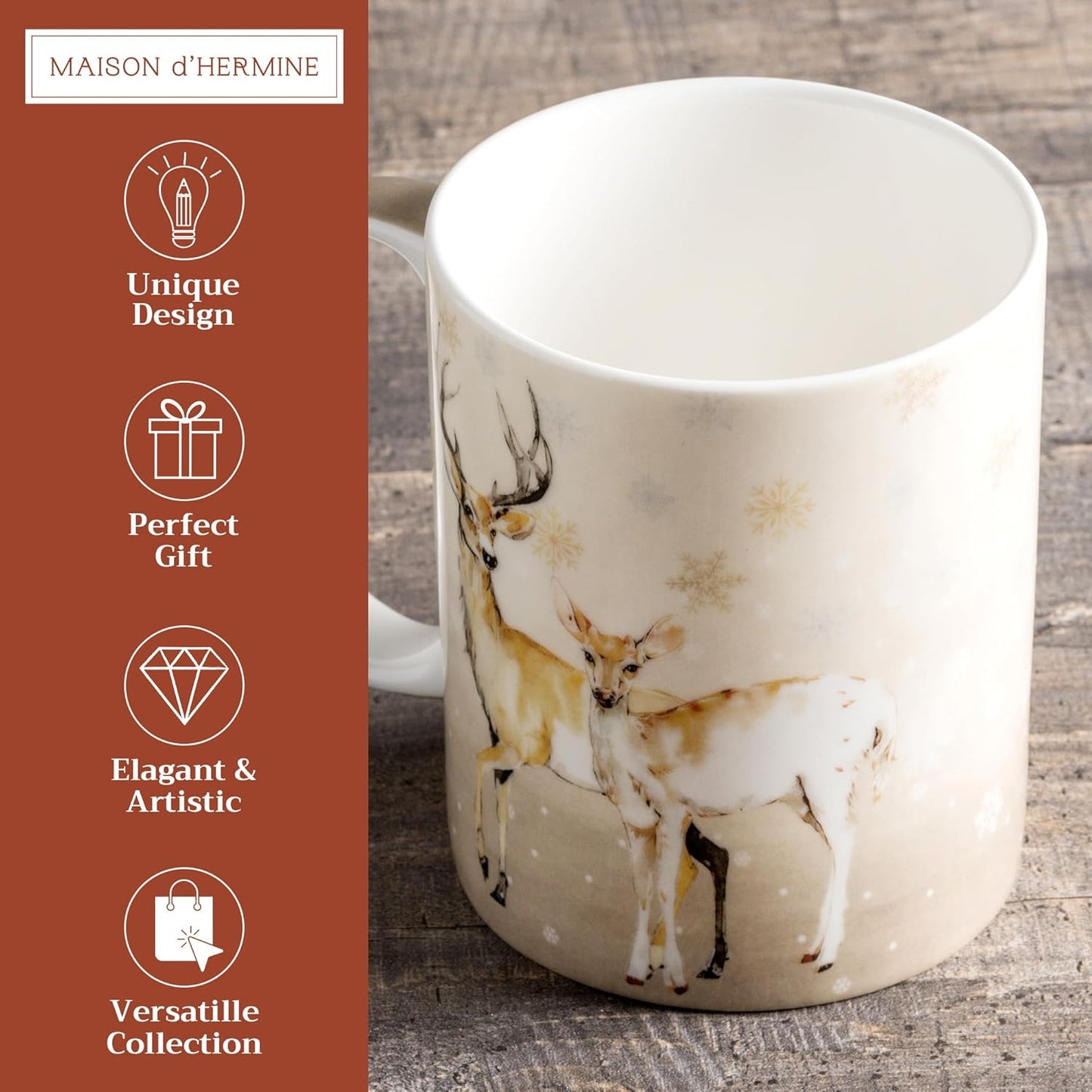 Maison d' Hermine Coffee Mug with Handles Fine Bone China Mugs Pack of One Tea Cups for Hot Beverages Cappuccino Latte Home Restaurant Office Perfect for Gift (Deer In The Woods - Oh Deer, 12 Ounce)