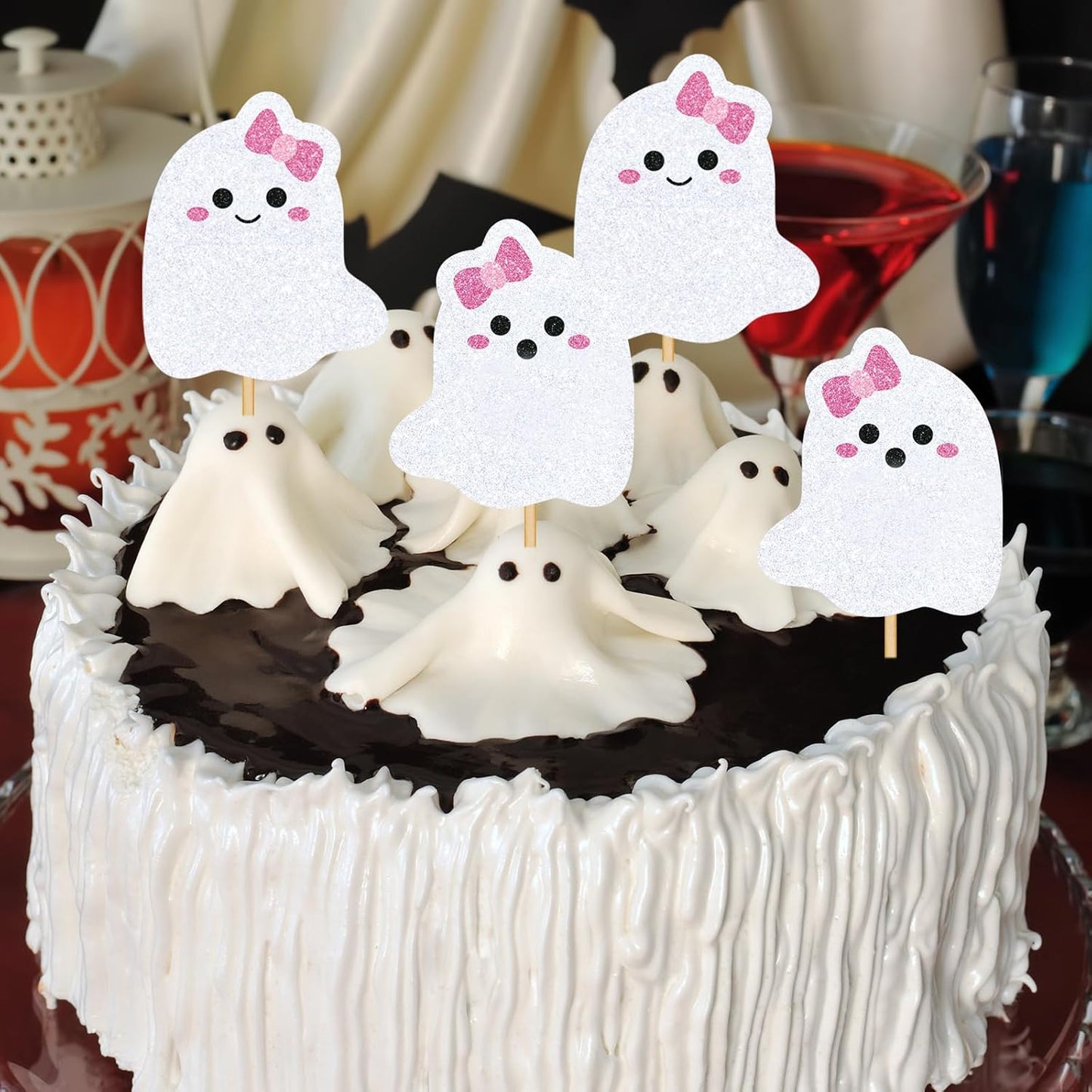 Whaline 48Pcs Halloween Cupcake Toppers Pink Bow Ghost Cupcake Picks Cute Ghost Cake Decorations for Halloween Birthday Party Supplies