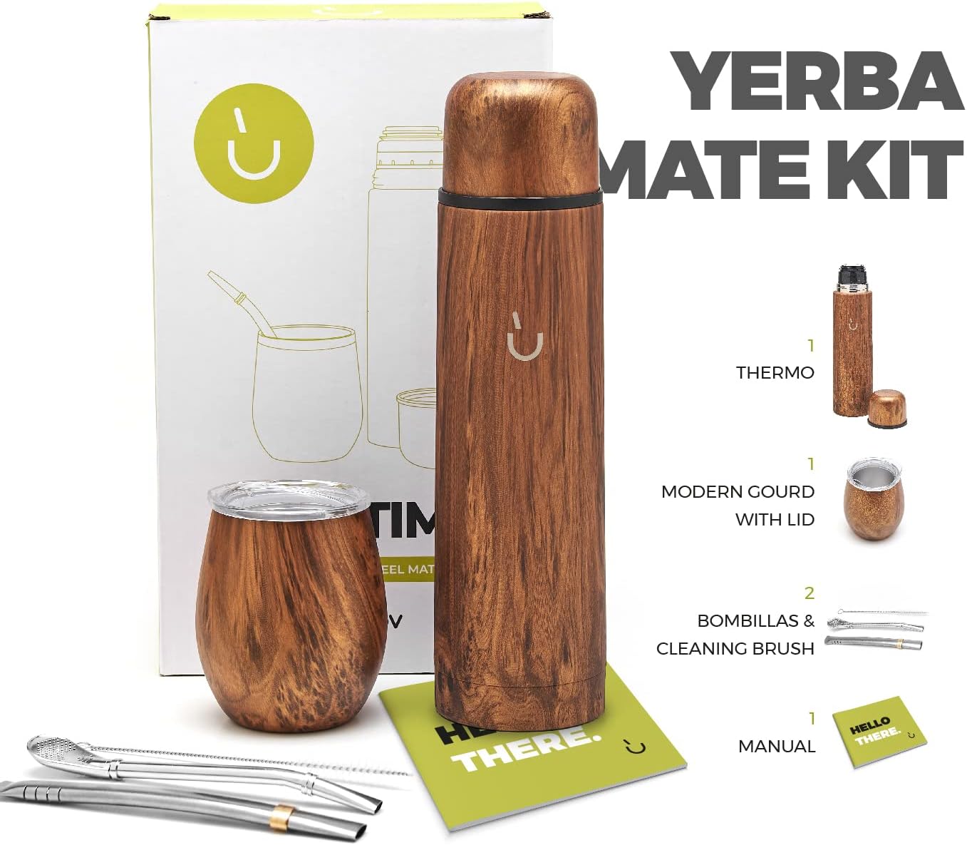 BALIBETOV Complete Yerba Mate Set - Modern Mate Gourd, Thermal Flask, Bombilla and Cleaning Brush Included - All Premium Quality 304 18/8 Stainless Steel (Wood)