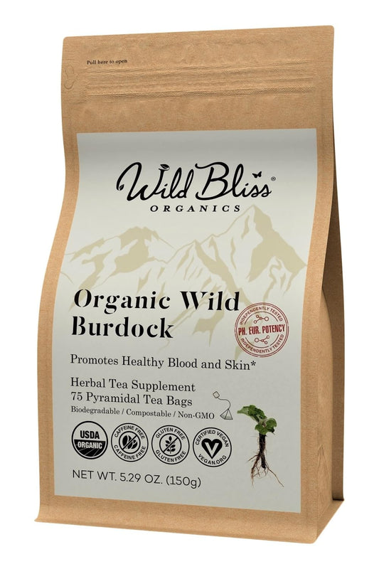 Wild Bliss Organic Burdock Root Tea - Caffeine Free Herbal Detox Support - Pharmacopoeia Quality - 75 Plant Based Tea Bags