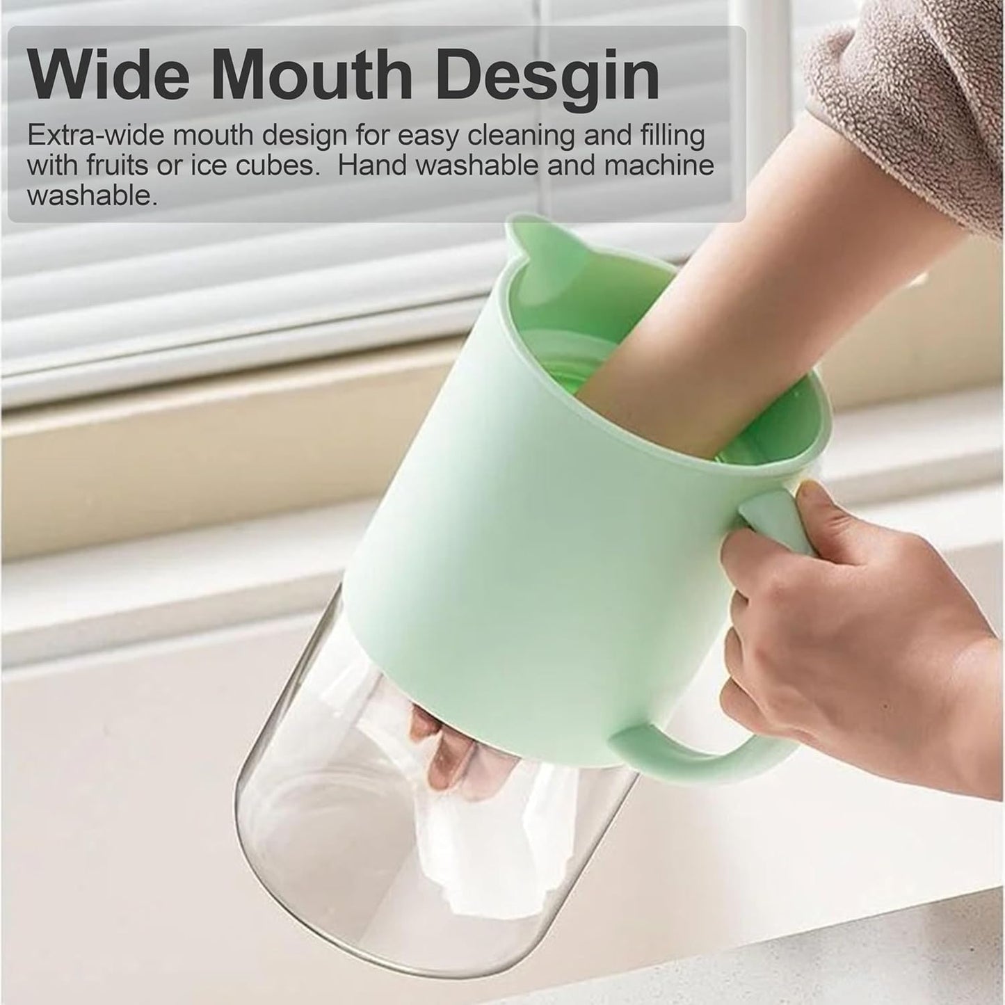 Delove Borosilicate Glass Pitcher with Lid & Auto Spout – Shatterproof Plastic Shell, Wide Mouth Design – 62 oz (1.9 Quart) Jug for Boiling Water, Iced Tea, Juice & Cold Brew Coffee (1, Light blue)