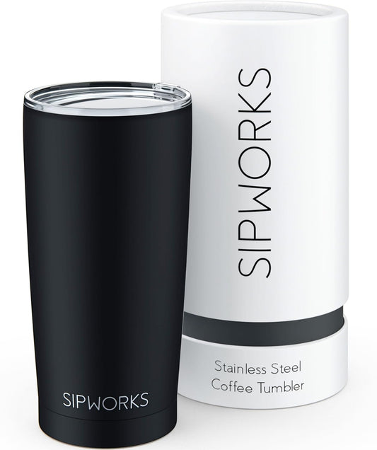Stainless Steel Coffee Tumblers with Lids - 20z Double Walled Vacuum Insulated for Hot & Cold Drinks - Spill Resistant Travel Tumbler - Midnight Black