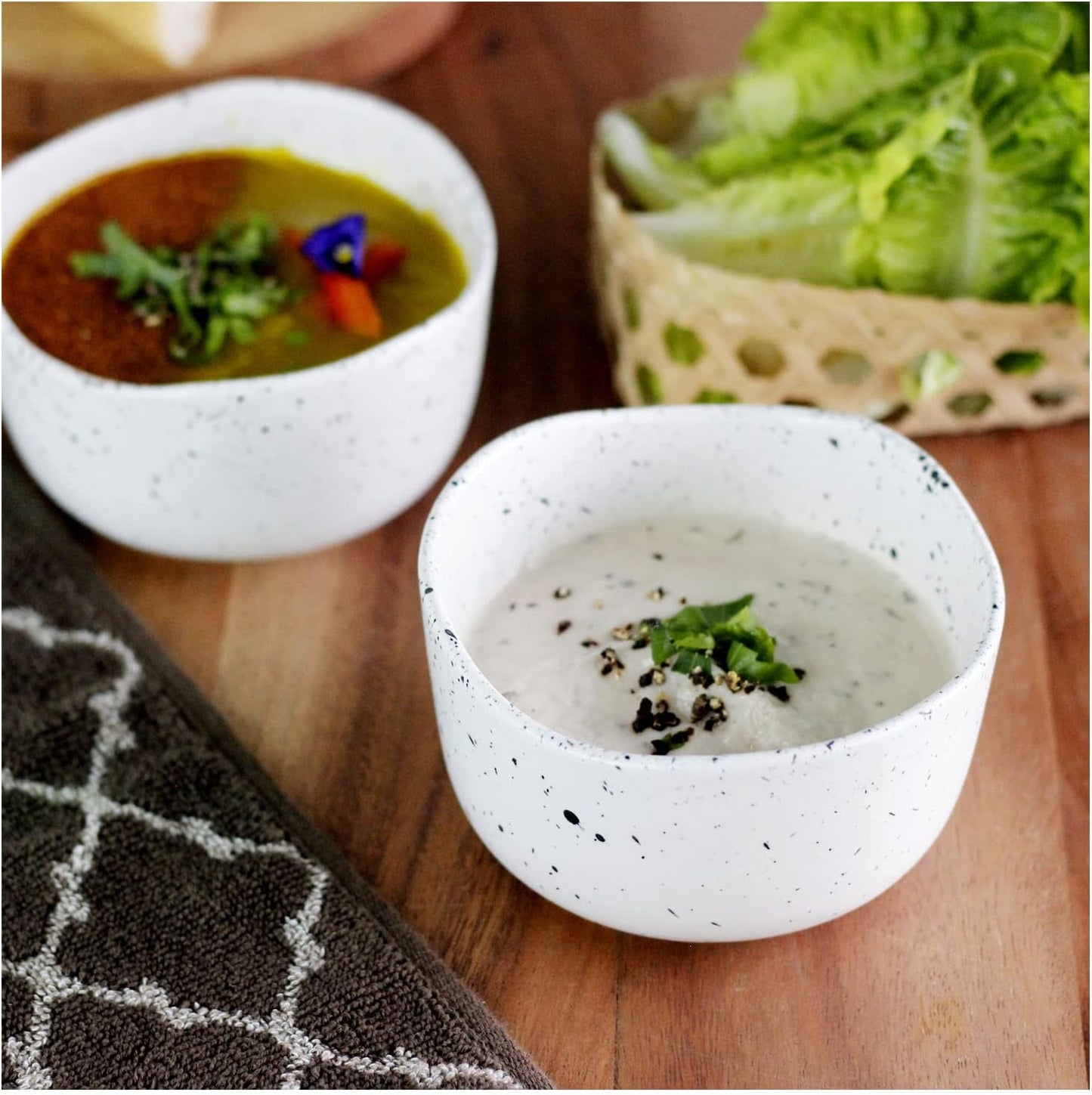 roro Handcrafted 4.5" Ceramic Miso | Rice Bowls, Set of 2 - White Matte Speckled Stoneware - Perfect for Soups