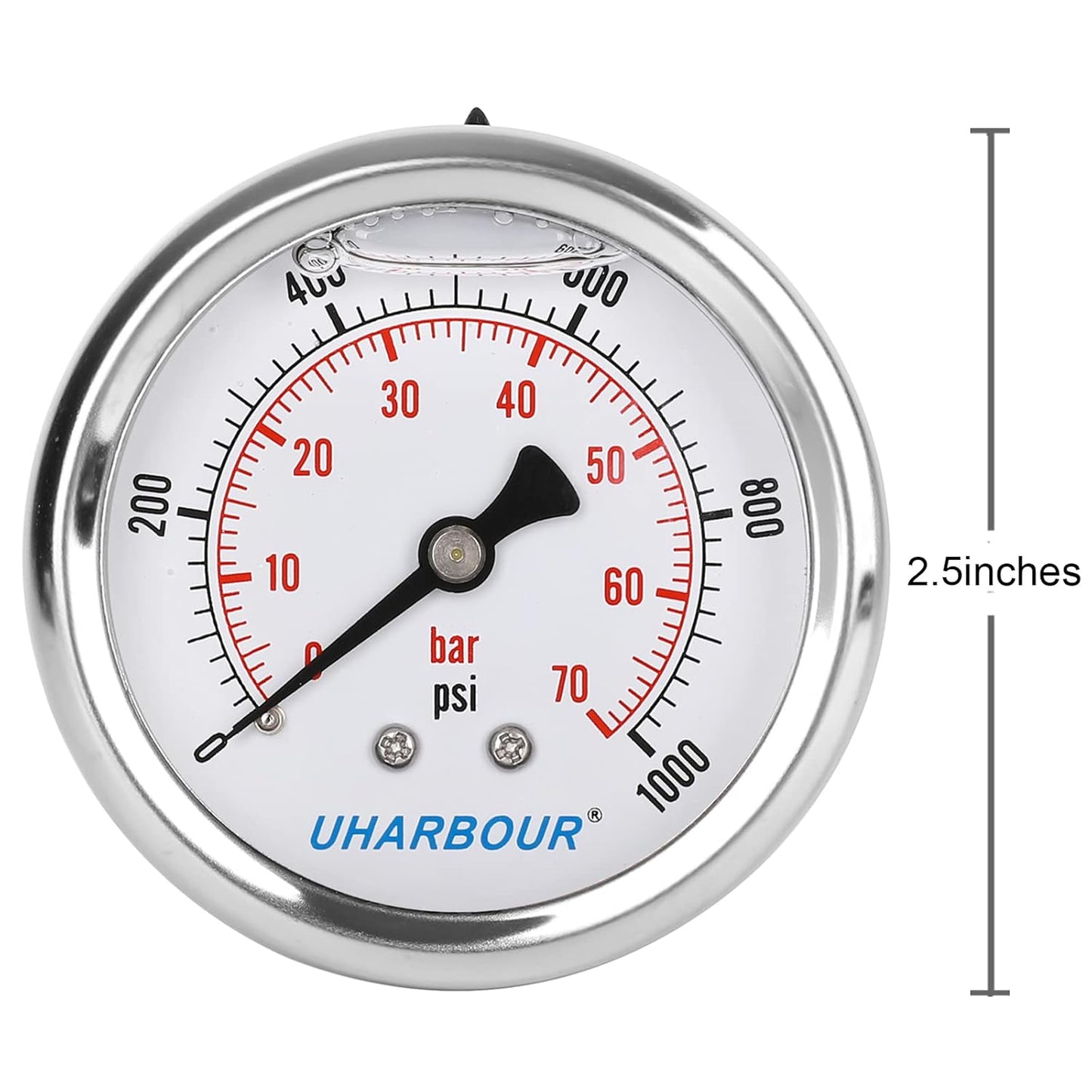 Glycerin Filled Pressure Gauge 1000psi/70bar, Stainless Steel case, Brass Inside Construction, 2-1/2" dial, 1/4" NPT Back Connection…