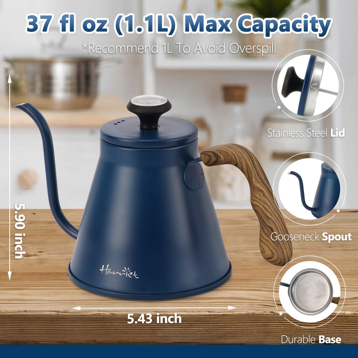 Harriet Gooseneck Kettle with Thermometer for Pour Over Coffee and Tea, 37 fl oz, Stainless Steel, Durable 3-Layer Base, Ideal Spout for Precision Pouring, Compatible with all Stove Tops, Blue