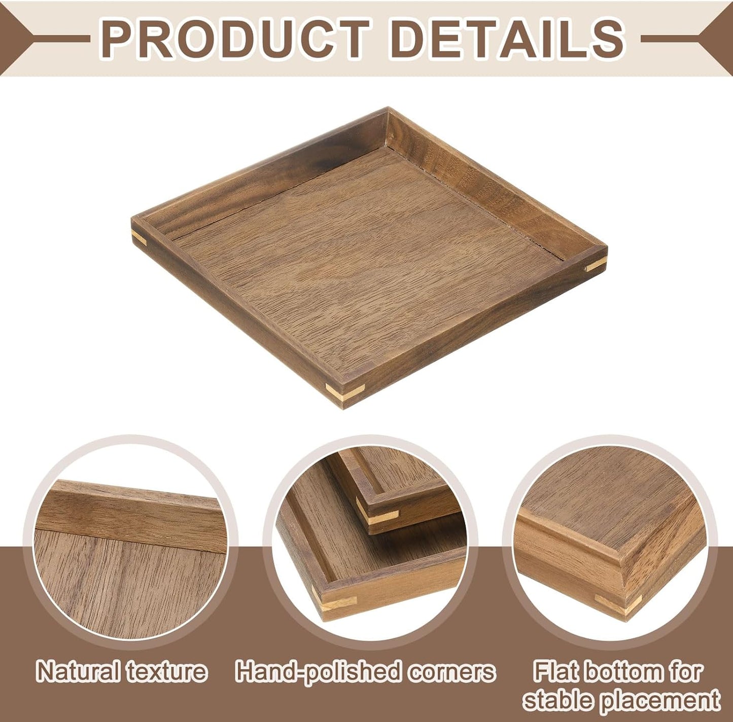 uxcell Bamboo Serving Tray, 6 x 6 Inch Square Wooden Trays Portable Serving Platters for Food Fruit, Snacks, Bread, Vanity, Weddings, Picnics, Brown (Inner Slant)