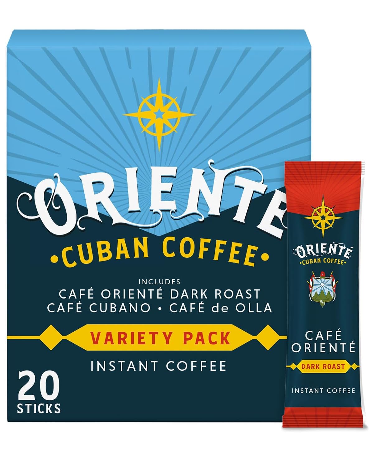 Oriente Cuban Coffee Roasters Variety Pack - 20 ct Instant Coffee (Cafe Oriente, Cafe Cubano, Cafe De Olla) - 100% Arabica Coffee for Hot or Iced Coffee
