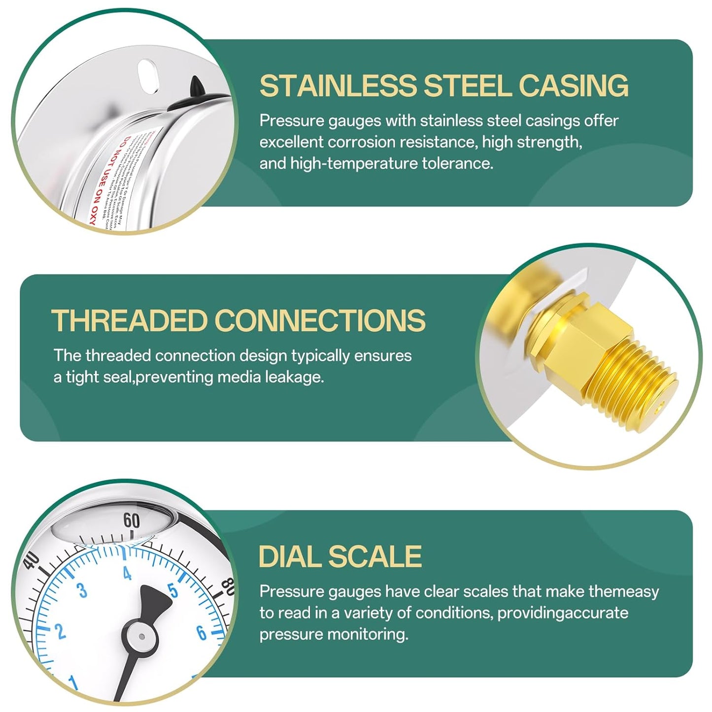 0-100PSI Panel Mount Front Flanged Glycerin Filled Pressure Gauge, 2.5" Dial Size, 1/4" MNPT Back Mount, Stainless Steel Case, with Phillips Screw and Nut, for Water, Gas, Liquid Pressure