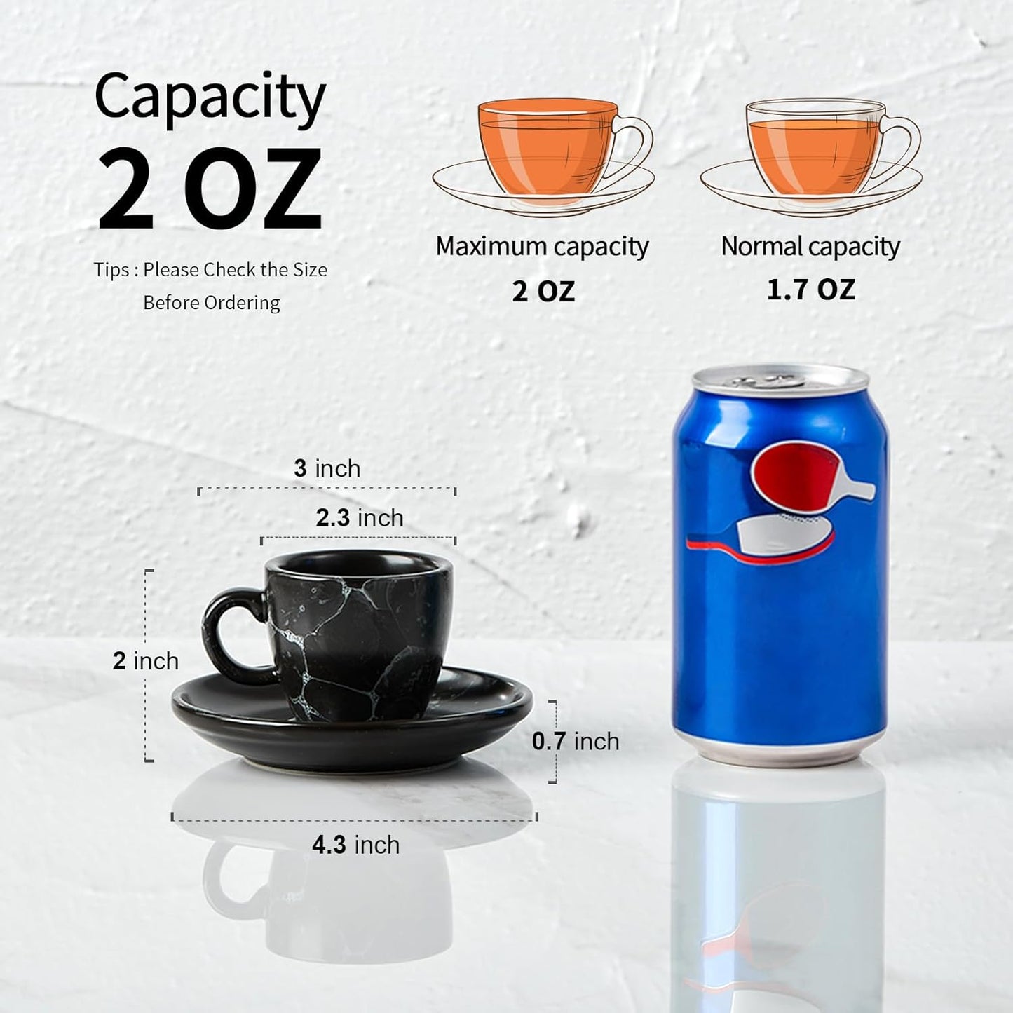 SIDUCAL Espresso Cups Set of 6,2 Ounce Ceramic Coffee Cups with Saucers,Porcelain Double Espresso Shot Cup Set,Gift Box for Boyfriend Gift(Black)