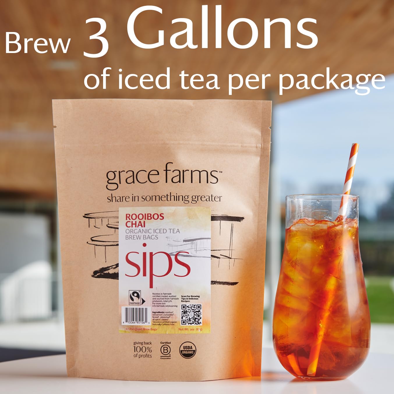 Grace Farms ROOIBOS CHAI ORGANIC ICED TEA (Twelve 1qt. Brew Bags, 3 Gallons) | Refreshing and Spiced, Naturally Sweet Sugar-Free | Easy Cold Brew