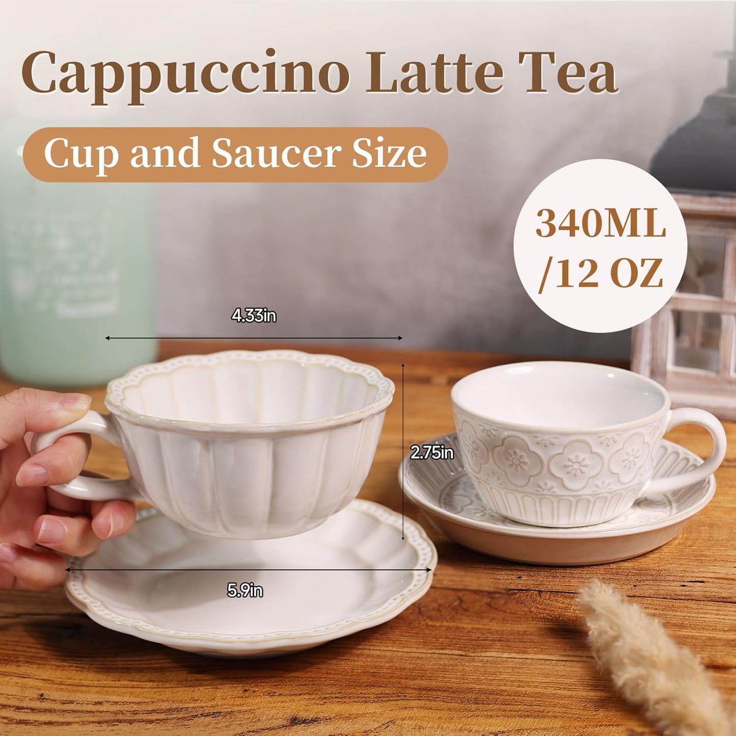 Latte Cup with Saucer, 12 OZ Cappuccino Cup Vintage Cafe Art Cups for Espresso Turkish Coffee, Farmhouse Latte Mugs Tea Cups and Saucers Porcelain Set for Baristas Great Gift