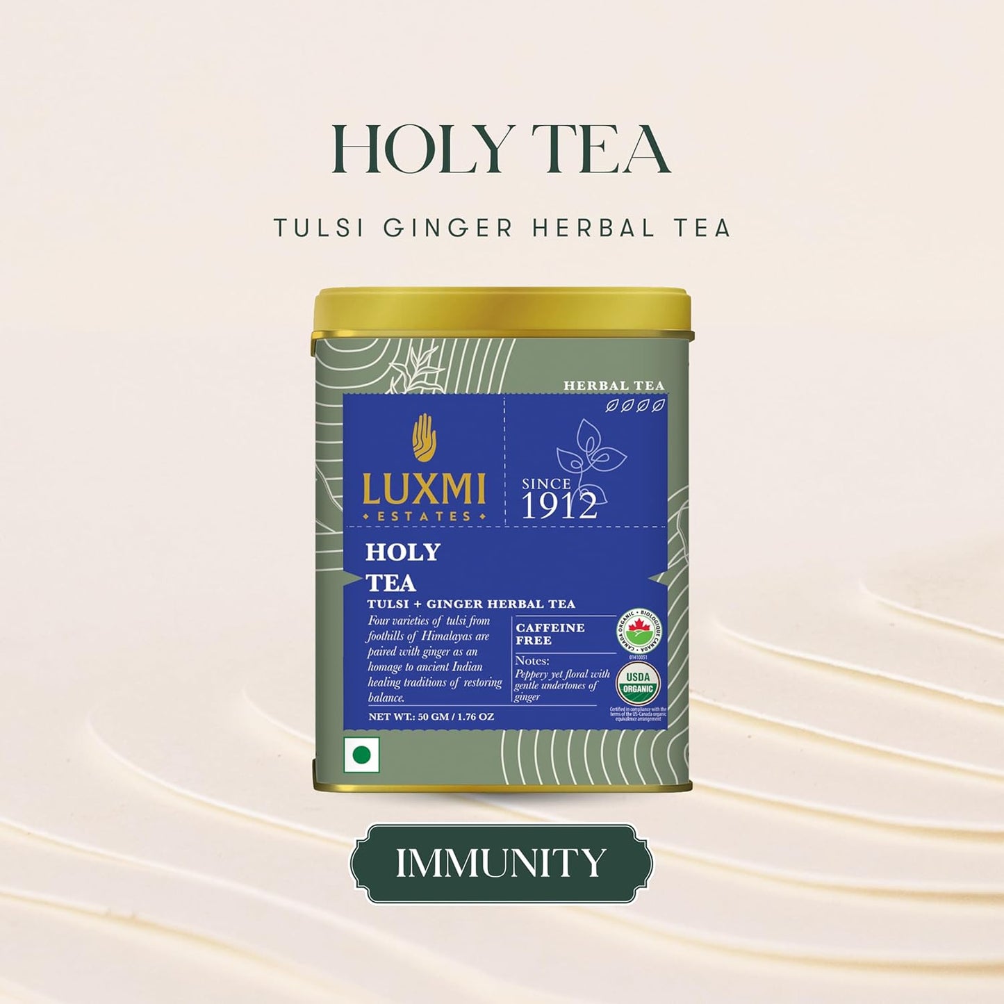 Luxmi Estates - Holy Basil - Organic Tulsi Tea - Loose Leaf - 50g (25 Cups) | With Tulsi and Ginger | Provides Immune Support, Stress Relief and Uplifts Mood