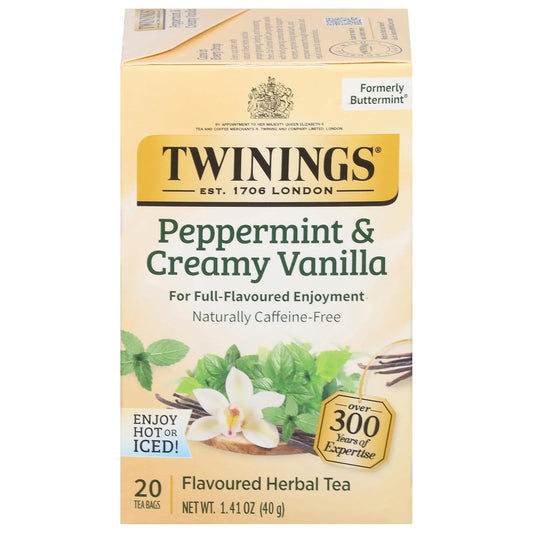 Twinings Peppermint & Creamy Vanilla Herbal Tea Individually Wrapped Bags, 20 Count (Pack of 1), Formerly Buttermint, Naturally Caffeine-Free, Enjoy Hot or Iced