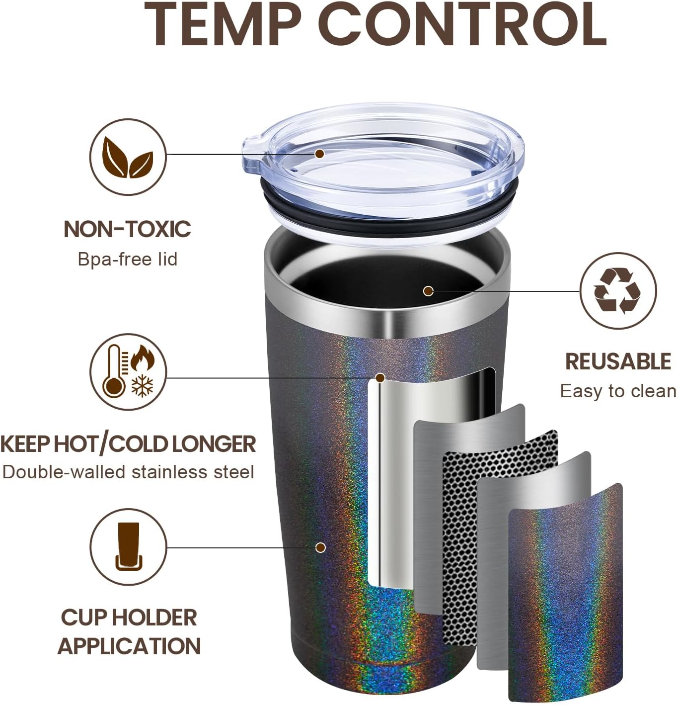 MEWAY 20oz Tumbler 8 Pack Double Wall Vacuum Insulated Travel Glitter Mug Bulk, Stainless Steel Tumblers with Lid and Straw, Powder Coated Coffee Cups for Woman(Gradient Black or Navy,Set of 8)