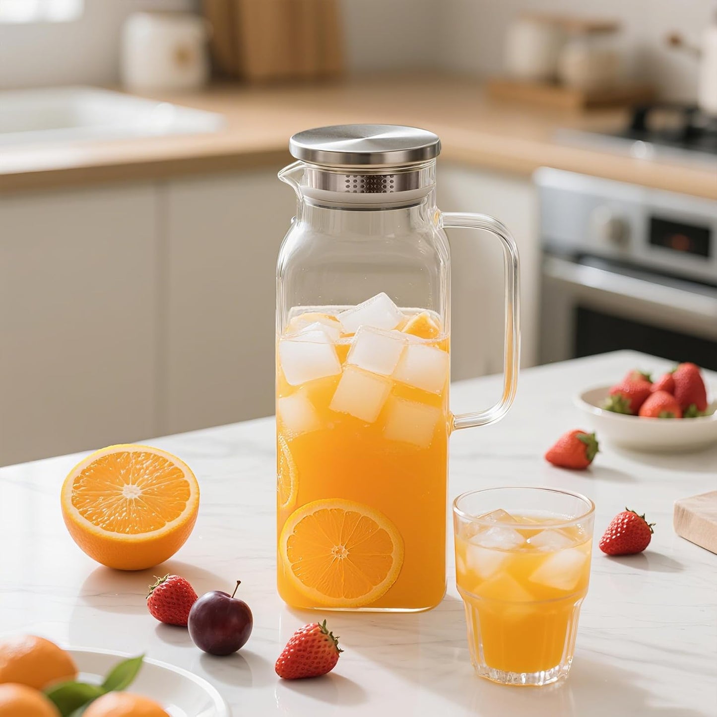 68 Oz Square Glass Pitcher with Lid and Spout, 2 Quart Lightweight Water Pitchers for Hot/Cold Drink, Heat Resistant, Borosilicate Jugs, Glass Carafe with Handle,Ideal for Fridge Storage(1Pack)