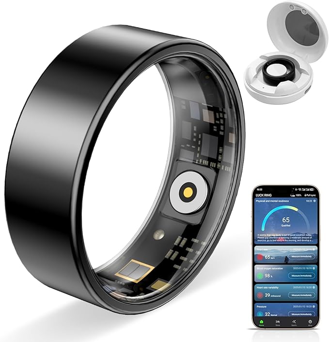 Smart Ring Pro, Fitness Tracker with Heart Rate, Blood Pressure, Stress, Sleep Tracking, Step Tracking, 10ATM Waterproof, Smart Ring for iPhone and Android (Black 2.0, 7)