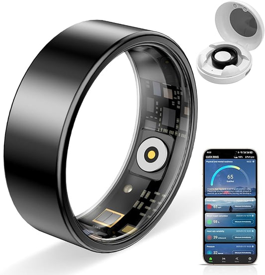 Smart Ring Pro, Fitness Tracker with Heart Rate, Blood Pressure, Stress, Sleep Tracking, Step Tracking, 10ATM Waterproof, Smart Ring for iPhone and Android (Black 2.0, 7)