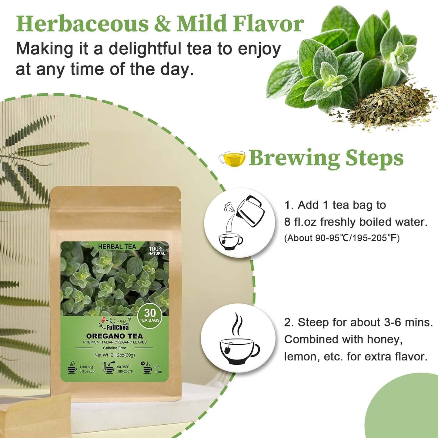 FullChea - Oregano Tea Bags, 30 Teabags, 2g/Bag - Premium Oregano Leaves - Non-GMO - Caffeine-Free - Support Digestion & Boost Immunity